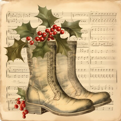 Christmas holly boots on old paper music sheet, in the style of vintage
