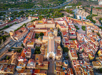 Naklejka premium Aerial view of the Primatial Cathedral of Tarragona, a Roman Catholic church in Tarragona, Catalonia, Spain