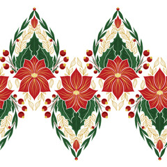 Vector decorative holiday border with poinsettia flowers. Seamless tracery frieze with Christmas flower starts with foliage, berries and branches - obrazy, fototapety, plakaty