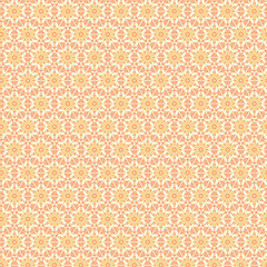 Light delicate geometric floral fabric pattern Abstract stylized muted white yellow orange mosaic flowers on a peach background