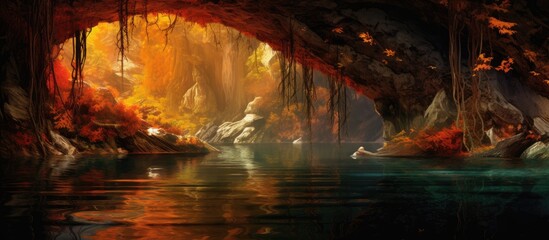 heart of a magnificent landscape, a cave emerges with vibrant walls capturing the colorful textures of nature the water inside glistens under the orange and red light, beckoning travelers to explore - Powered by Adobe
