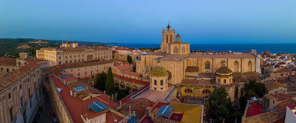 Aerial view of the Primatial Cathedral of Tarragona, a Roman Catholic church in Tarragona,...