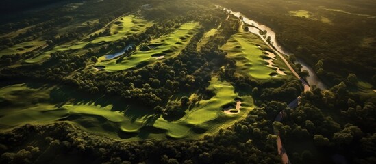 From an aerial perspective, the mesmerizing green landscape of the golf course blends harmoniously with the surrounding nature, creating a breathtaking view of the expansive field where golfers