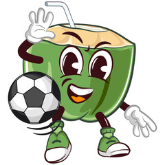 coconut drink character mascot with straw with funny face playing football, isolated cartoon vector illustration. emoticon, cute coconut mascot