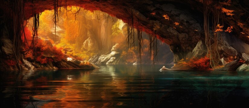 heart of a magnificent landscape, a cave emerges with vibrant walls capturing the colorful textures of nature the water inside glistens under the orange and red light, beckoning travelers to explore