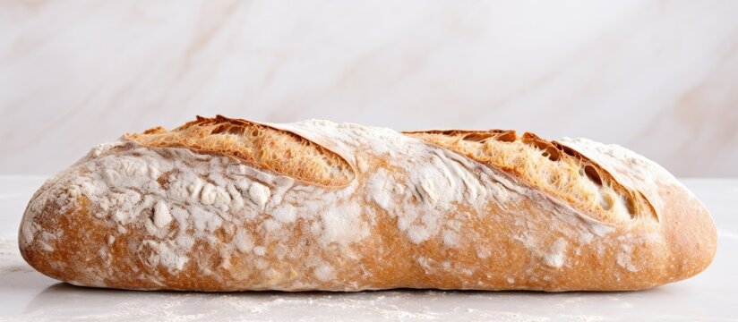 In the background of the white, isolated bakery, the healthy ciabatta bread, made with wheat, served as a nutritious breakfast or lunch option in the Mediterranean diet at the cozy food bar.