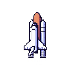 a space shuttle illustration in pixel art style, pixelated, 8 bit, vector, graphic element