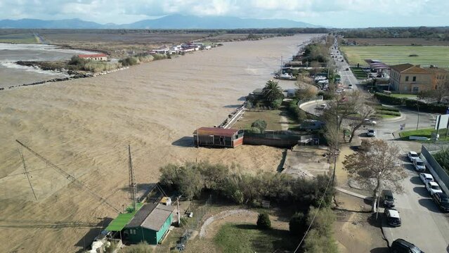 Drone shot of the aftermath of storm Ciaran hit Marina di Pisa harbour Tuscany, Italy
