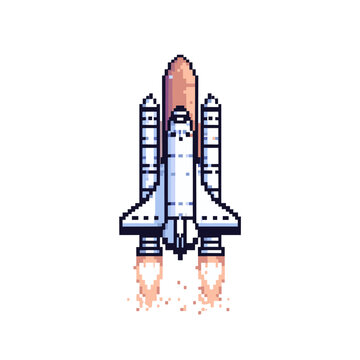 a space shuttle illustration in pixel art style, pixelated, 8 bit, vector, graphic element