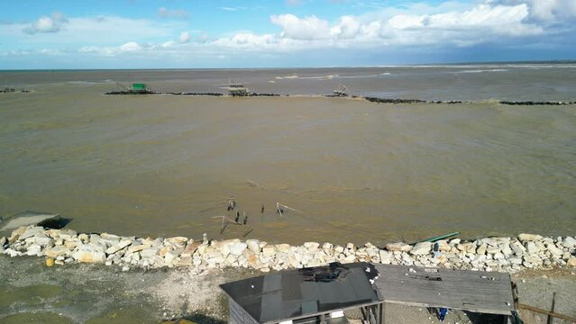Aerial view of storm Ciaran hit Marina di Pisa harbour Tuscany, Italy