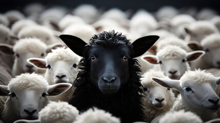 A black sheep surround with normal white sheep metaphor to be outstanding or unique