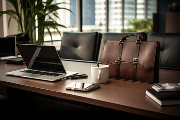 decent and elegant office view with laptop and office bags, eye catching working place ideas