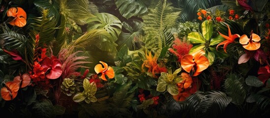 lush summer garden, a vibrant floral banner with a tropical leaf texture serves as the background, highlighting the luxurious beauty of natures springtime abundance and celebrating the rich textures