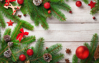 Holiday Ornaments on Wood Texture,
Christmas Decor on Wooden Background,
Festive Decorations on Wooden Table