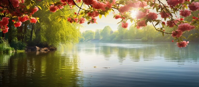 serene spring park, the abstract background of nature unfolded with vibrant colors, as the light illuminated the green leaves and red flowers, reflecting off the waters gentle texture presence of the