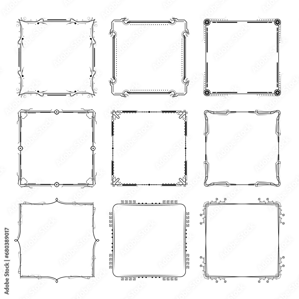Aufkleber set black simple line frame collection doodle square floral frame elements vector design style sketc