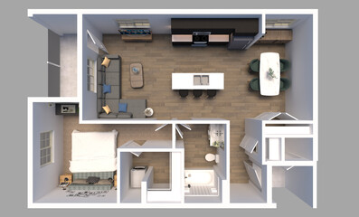 One bedroom 3D floor plan with rendering. 