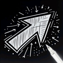 Arrow drawn with black marker on white background, top view. Illustration. Space for text.