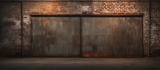 In the old garage loft, amidst the darkness and mildew, a grunge wall with a rusty metal door added texture to the interior, reflecting the context of the fields rustic background. - obrazy, fototapety, plakaty