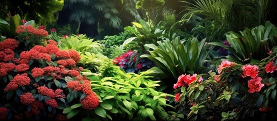 Fototapeta na wymiar background of the lush garden, amidst the vibrant green foliage, a beautiful floral display dazzles the eye with colors ranging from vibrant red to delicate pink, creating a colorful and natural