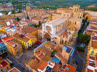 Aerial view of the Primatial Cathedral of Tarragona, a Roman Catholic church in Tarragona,...