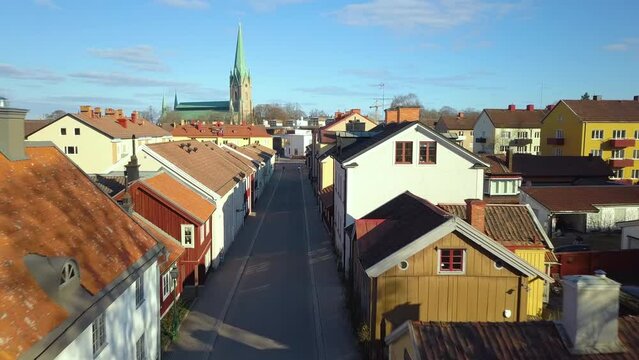 Aerial view of old historical Linkoping city in Sweden. European architecture in Scandinavian town