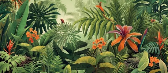 Fototapeta premium In the background of the tropical jungle, a multitude of plants with vibrant green leaves created a lush foliage, highlighting the palm trees and exotic flowers. The abstract design showcased a retro