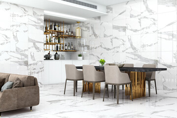 Front view of a white marble bar shelf with dinning table near it. A modern bar interior with shelves with wine bottles and plates. 3D Rendering mock up