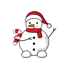 Muñeco de nieve con un gorro navideño rojo  sosteniendo un bastón de dulce. Ilustracion en PNG, sin fondo