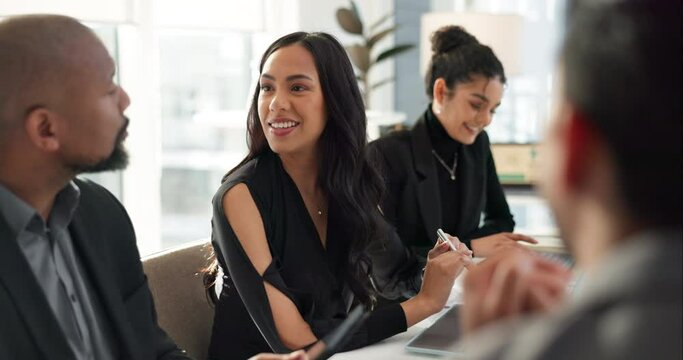 Meeting, happy business people in discussion and planning in office for b2b project with collaboration. Negotiation, men and women at workshop in corporate training, talk and brainstorming together.