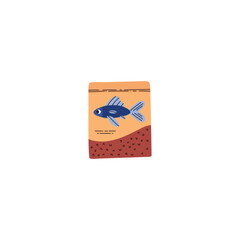 Aquarium fish food bottle, vector cartoon fish feed package, pet care themed, natural flakes for marine animals