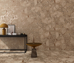 Luxury corner of living room interior with black table and decorations above it, elegant glass pot on the table, and brown marble walls and floors. 3D Rendering