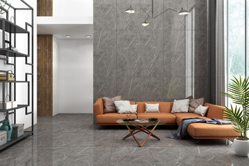 Modern Boho living room interior style. Empty wall mock up. Grey marble wall. wooden furniture. 3D Rendering, 3D Illustration