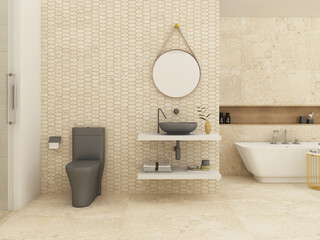 Modern minimalist bathroom interior, modern bathroom cabinet, grey sink, wooden vanity, interior plants, bathroom accessories, bathtub and shower, beige walls, granite floor, vases. 3D Rendering