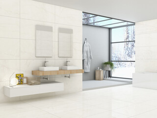 Modern bathroom interior with white marble walls, marble basins with double mirror, bathtub, open air shower and white concrete floor. Minimalist bathroom with modern furniture. 3D Rendering