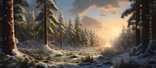 In the winter season, as the snow covers the land, the sun's warm rays begin to melt the snow, revealing patches of green amidst the conifers.