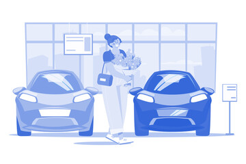 Woman With Flowers In A Car Showroom