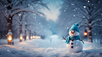 Snowman in winter forest at night. Christmas and New Year concept.
