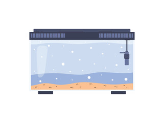 Rectangular glass empty aquarium with lid and water, vector on white