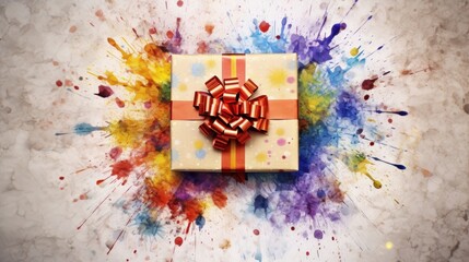 Top view of Happy New Year gift box on colorful watercolor background