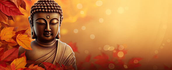 Glowing golden buddha with autumn background