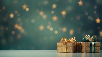 Golden gift presents on a light dark green background with colorful bokeh and stars glittering - obrazy, fototapety, plakaty