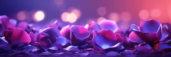 Foto op Plexiglas Red roses petals on a purple bokeh background. © tashechka