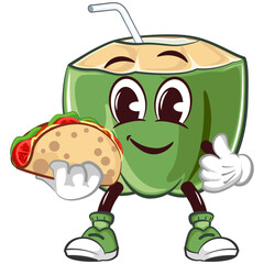 mascot coconut drink character with a straw with a funny face carrying a taco while giving a thumbs up, isolated cartoon vector illustration. emoticon, cute coconut mascot