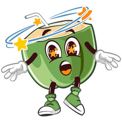 mascot character of coconut drink with straw with funny face being dizzy and drunk, isolated cartoon vector illustration. emoticon, cute coconut mascot