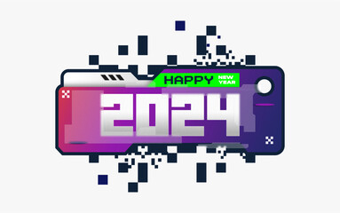 Happy New Year 2024 Text Pop-Up Notification Flyer Banner Design Futuristic Pixel Art Vector