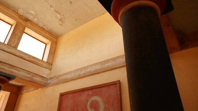 Interior shot of some frescoes in a temple inside the Minoan Palace of Knossos, Heraklion, Crete, Greece
