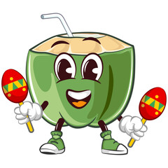 mascot character coconut drink with straw with funny face playing maracas, isolated cartoon vector illustration. emoticon, cute coconut mascot