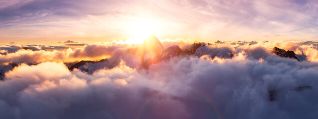 Canadian Mountain Landscape. Aerial Panoramic View. Sunny Sunset.