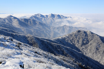 a winter mountain with clouds
